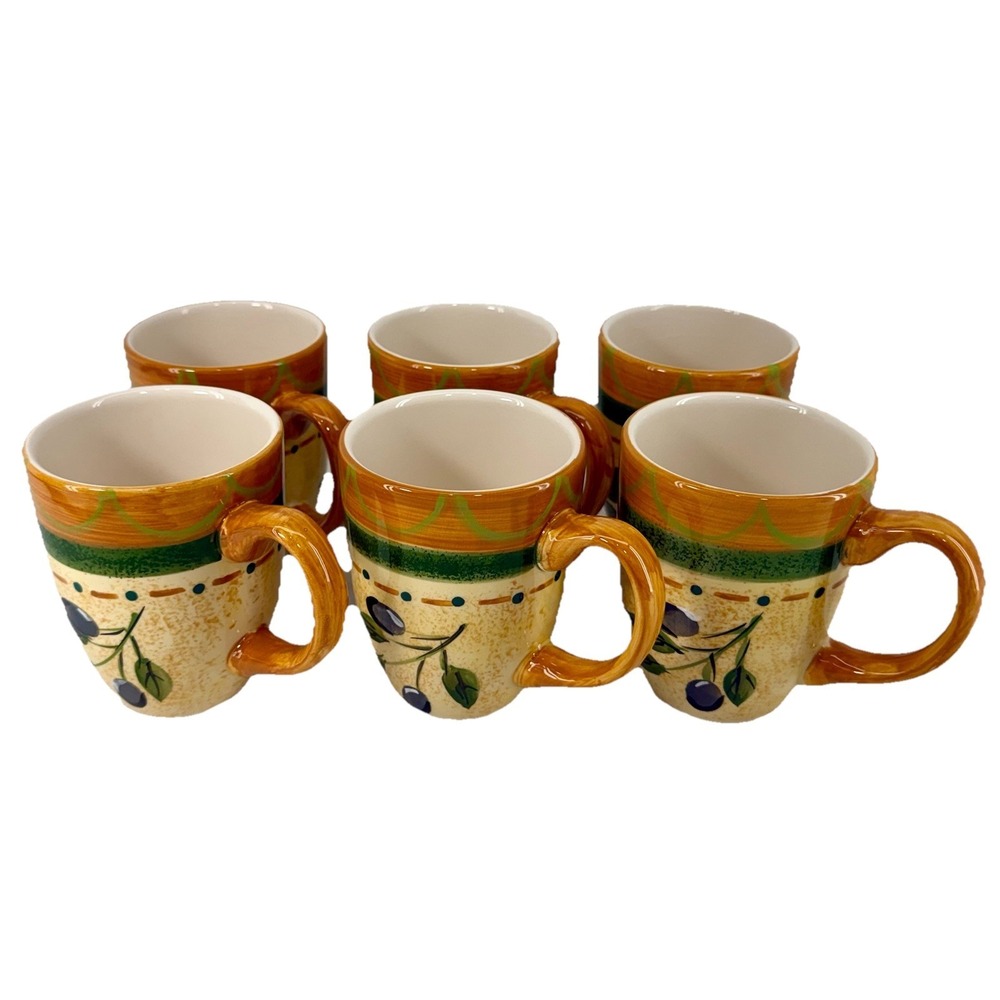 Pfaltzgraff Tuscan Olives 12 Ounce Coffee Mugs (Set of 6) Brown Green Tan‎ Cups